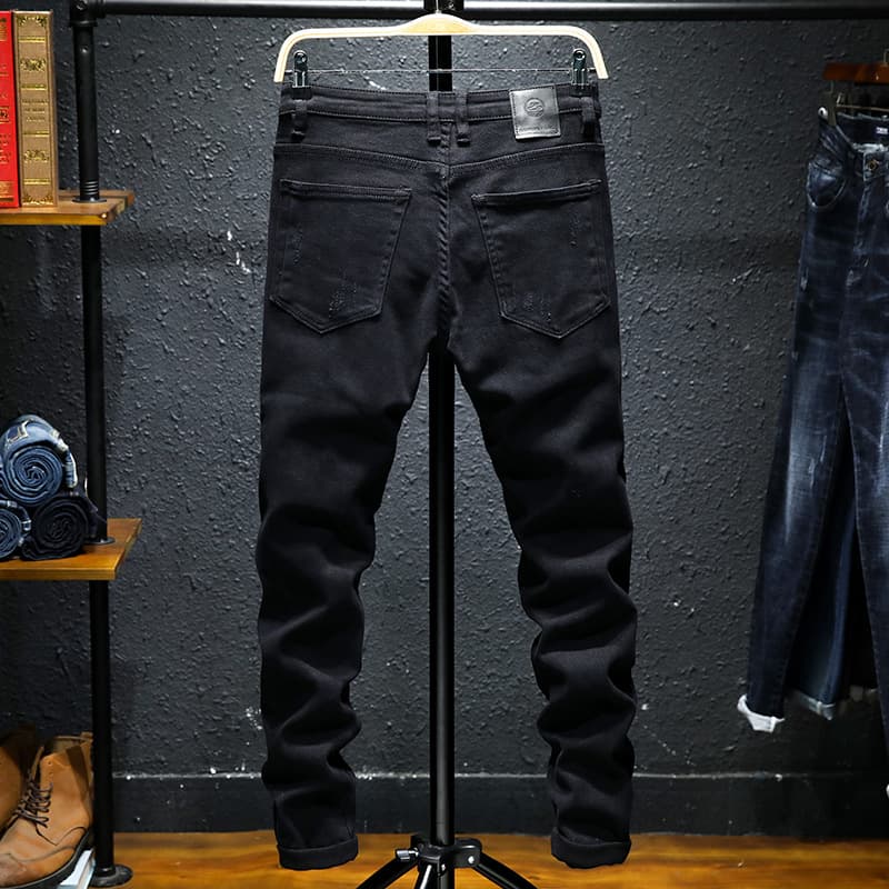  Spring And Summer New Jeans Pure Black Ripped Stretch Jeans Men Black Jeans Men