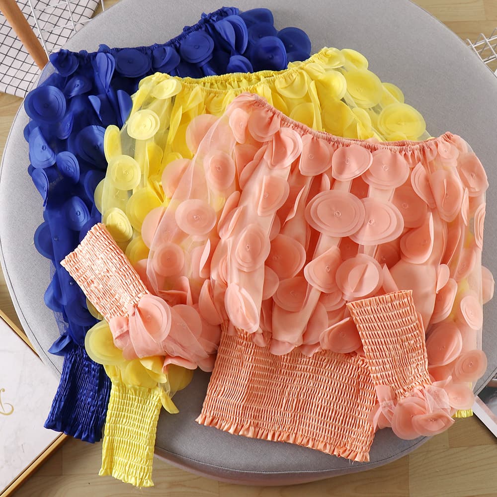 Puff Sleeve See-through Mesh Chiffon Shirt